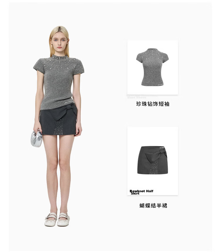 ANN ANDELMAN Galaxy Series Pearl and Diamond Embellished Semi-Turtleneck Short Sleeve Knit Top Fashion Slim Fit Gray XS 2