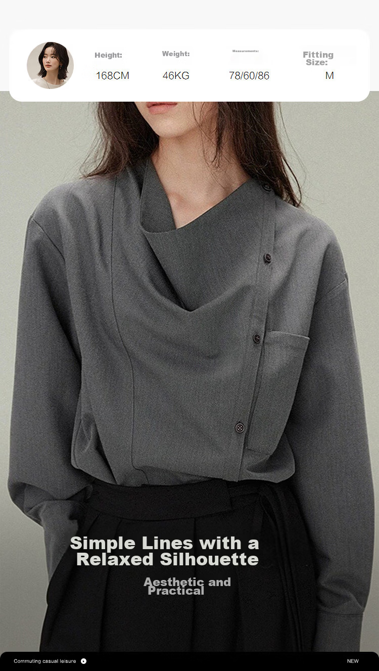 Demana French Art Spring Lazy Style Asymmetric Lapel Large Pocket Loose Slim Draped Shirt for Women Premium Feel 6