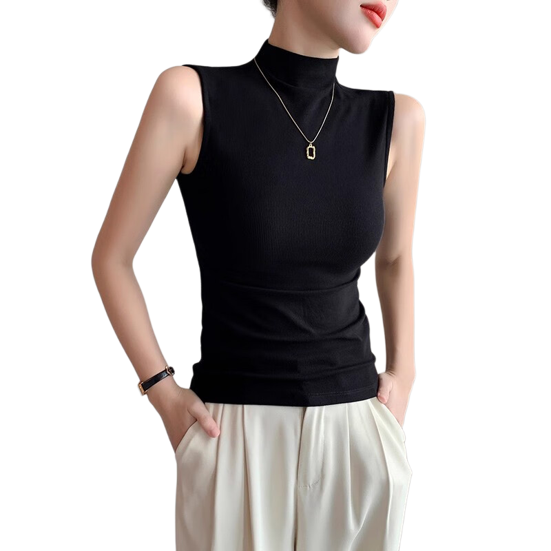 La Chapelle Women's Half Turtleneck Sleeveless Tank Top Spring Summer New Solid Color Suit Innerwear Black M