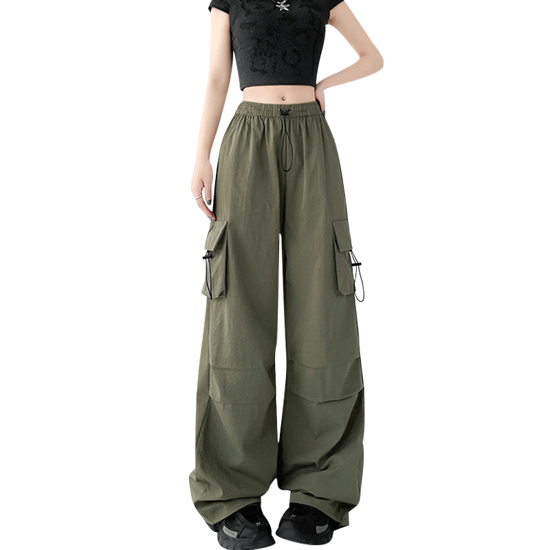 Langsha Women's Spring Summer Wide-Leg Cargo Pants American Style Hiking High-Waist Paratrooper Casual Street Dance Quick-Dry Sports Pants