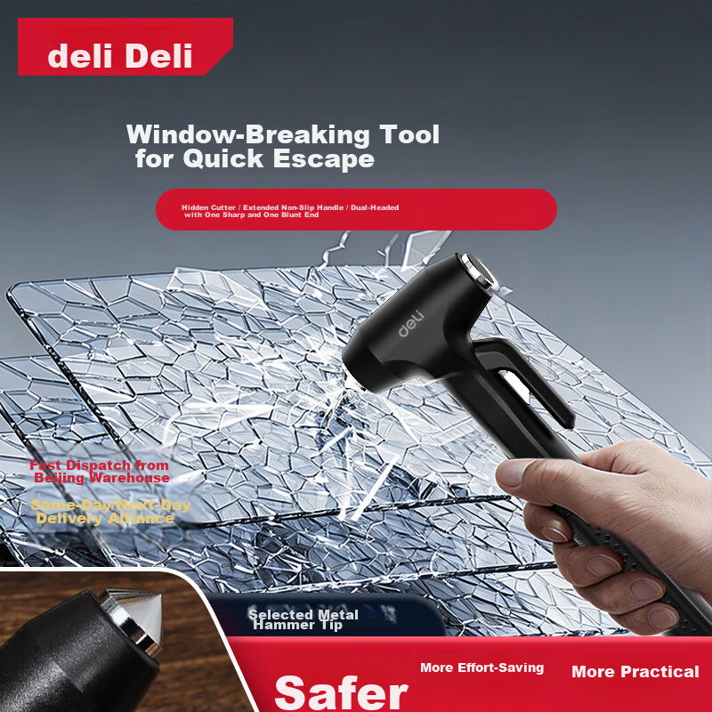Deli Car Safety Hammer Window Breaker Long Handle Seatbelt Cutter Emergency Escape Hammer Compatible with Xiaomi SU7