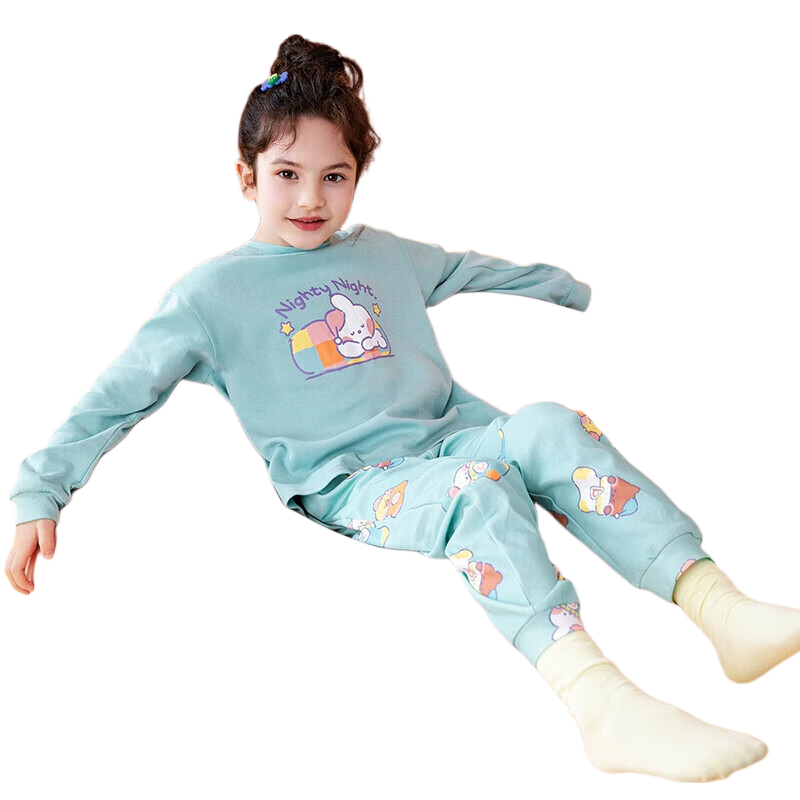Fenteng Children's Pajamas, Girls' Brown Bear And Cony Rabbit Co-Branded Pure Cotton Sleepwear for Older Childre