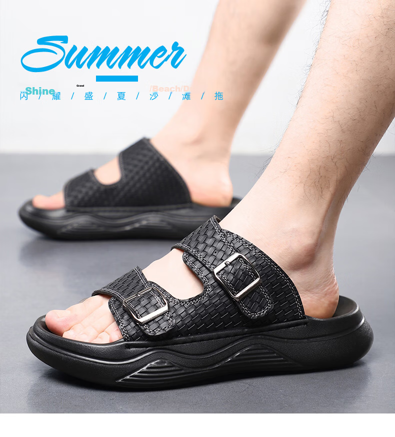 MEXICAN Spring Summer New Men's Leather Sandals Breathable Thick Soft Sole Slide Beach Shoes Black Size 44 3
