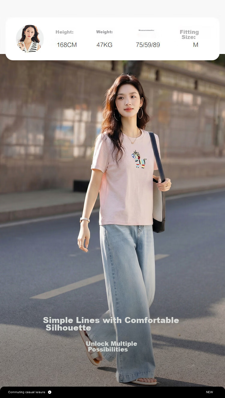 Demana [with Lyocell Cotton] Summer Fresh Sweet Little Horse Embroidery Round Neck Short Sleeve Slim Fit Designer Women's T-Shirt 9