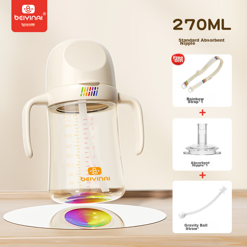 BEIYINAI Direct Drinking Straw Baby Bottle for Ages 1-6, Anti-Drop and Leak-Proof Training Cup 270ML