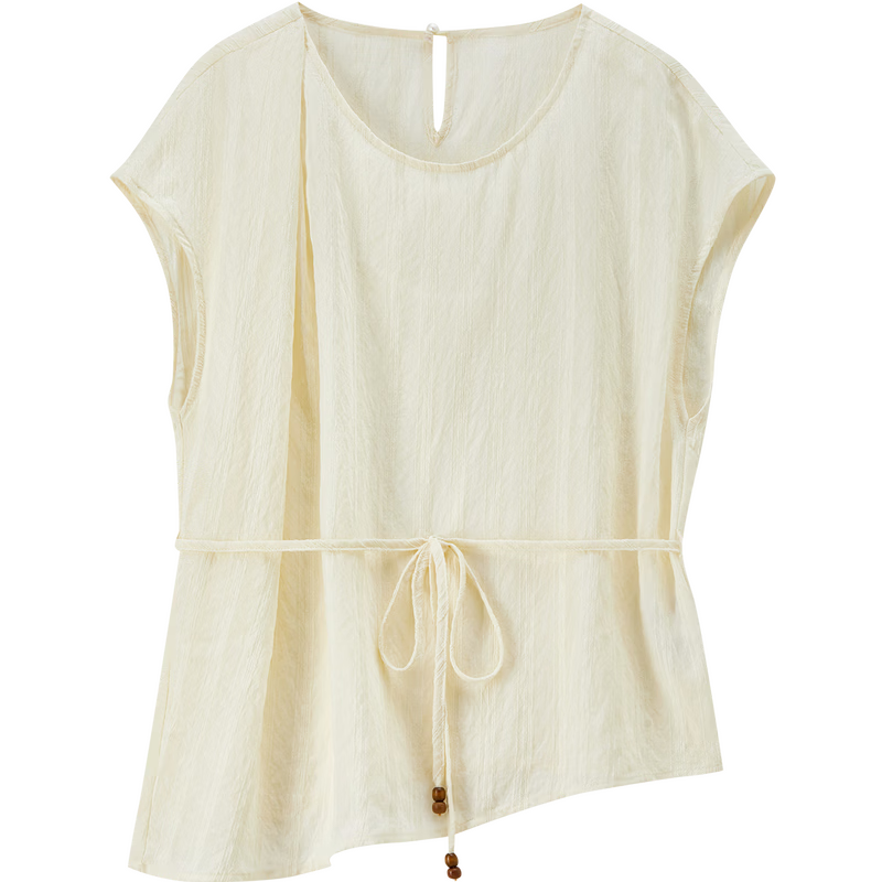 Shangdu Bila Commuter Gentle Style Round Neck T-Shirt Women Summer Vertical Jacquard Textured Loose Slim Pleated Casual Top