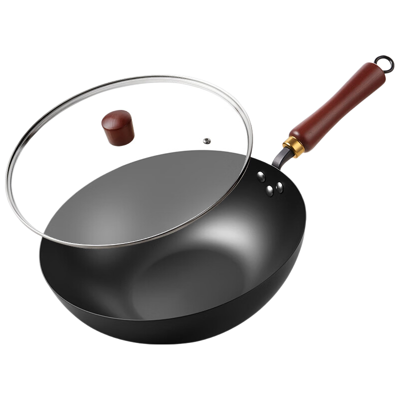 CHIGO Authentic Zhangqiu Stir-Fry Pan Non-Coated Cast Iron Flat Bottom Wok Traditional Forged with Lid 32cm