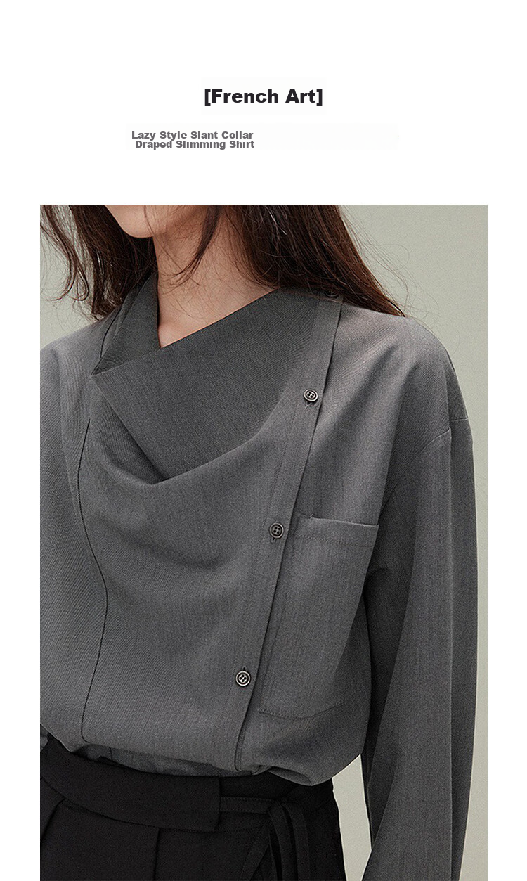 Demana French Art Spring Lazy Style Asymmetric Lapel Large Pocket Loose Slim Draped Shirt for Women Premium Feel 4