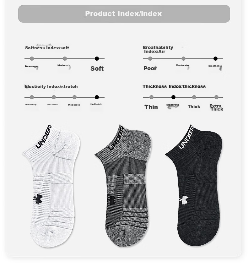 Under Armour Socks No-Show Socks [3 Pairs] Basketball Badminton Sports Socks for Men and Women Running Thin Anti-Odor Terry Short Cotton Socks 15