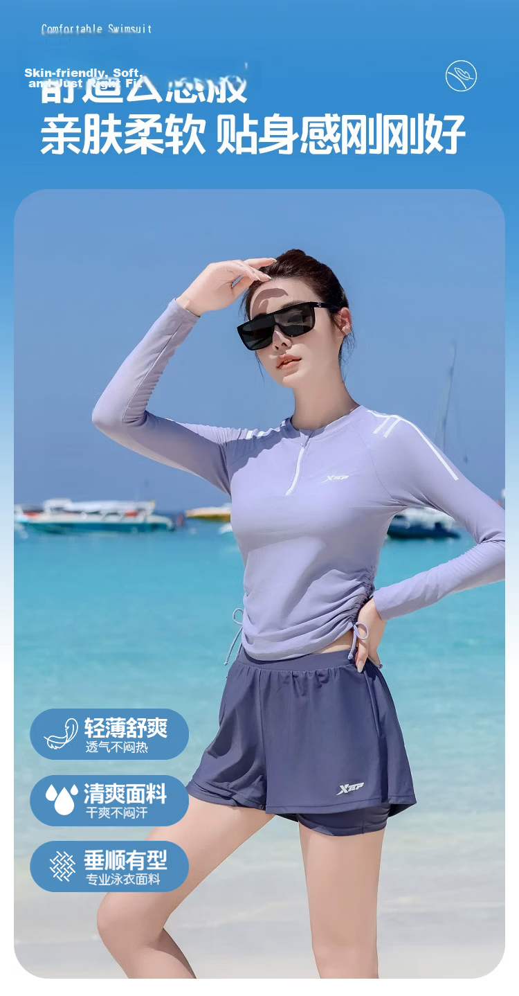 Xtep Women's High-End Long Sleeve Two-Piece Swimsuit, Tummy Control, Slim Fit, Conservative, Fashionable Beach Vacation Swimwear 2