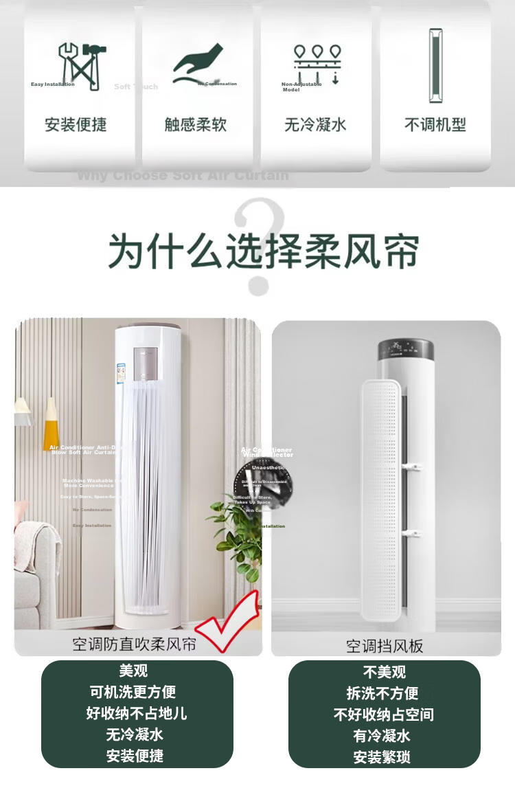 Gusen Zhe Vertical Air Conditioner Anti-Direct Wind Curtain Cylindrical Cabinet Wind Shield Air Outlet Deflector Soft Wind Curtain 125*30CM for Home and Office 2