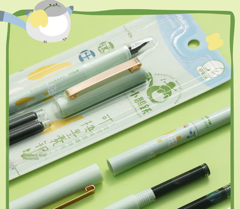 M&G Stationery Little Magpie EF Nib Fountain Pen Set (1 Fountain Pen + 2 Erasable Pure Blue Ink Cartridges, 3.4mm) Student School Writing Pen HAFP1759 Light Green 20