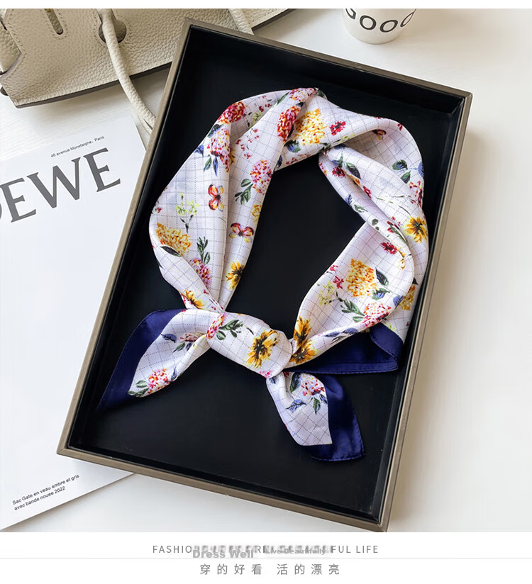 GLO-STORY Scarf and Scarf Buckle Set 70cm French Elegant Small Floral Print Square Scarf Gift Box 9