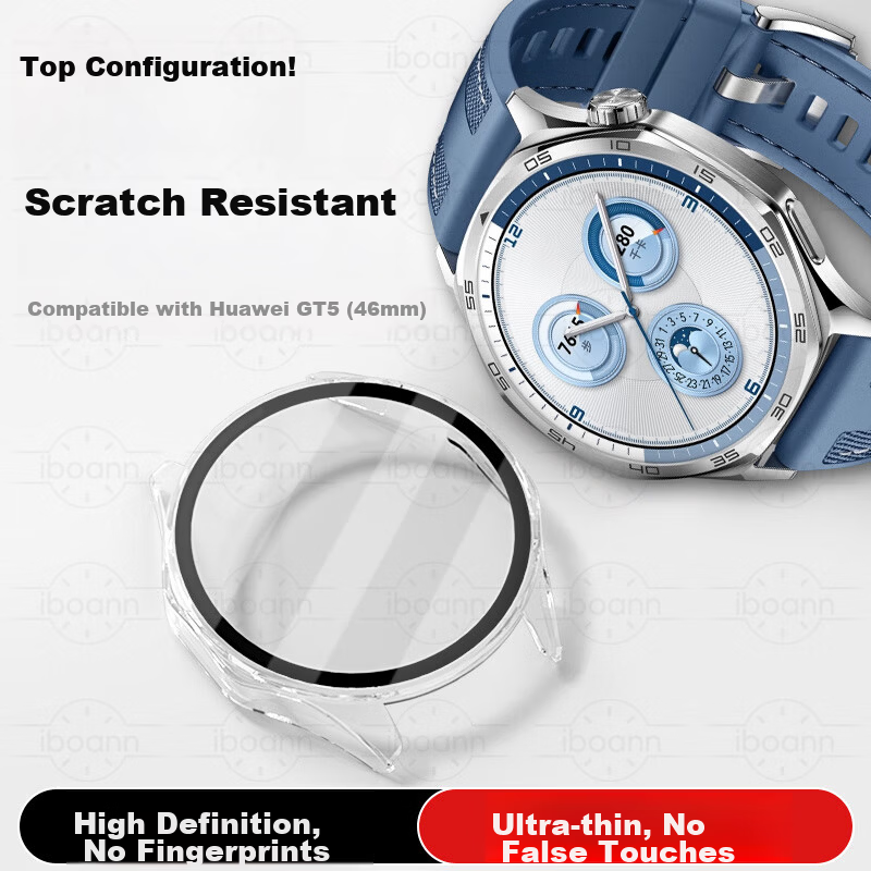 Iboann Huawei GT5 Protective Case Hard Shell Watch GT5 Case Film Integrated Men's 46mm Huawei Watch GT5 Protective Cover Waterproof Shockproof Accessories Transparent