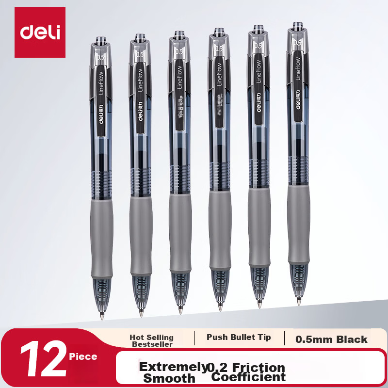 Deli Smooth Gel Ink Pen 0.5mm Bullet Tip Retractable Ballpoint Pen Office Supplies Black 12pcs/Box S08 Exam Use