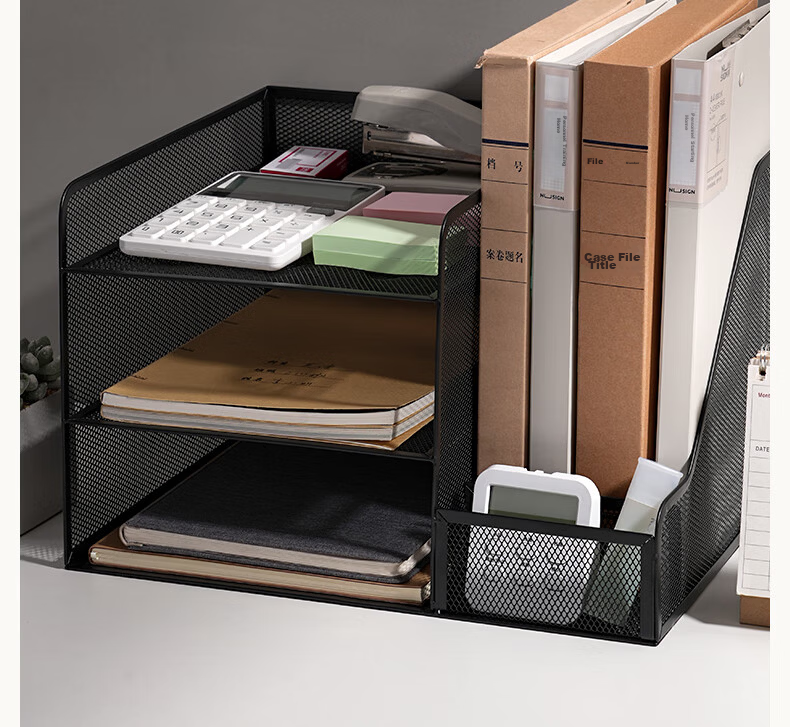 Deli Stackable Metal File Organizer, Document Tray, Bookend Rack, Multi-Layer Office Desk File Storage Box, File Basket, Storage Shelf, Four-Tier Black PB260 5