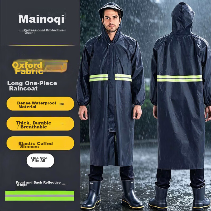 Mainoqi High-Visibility Long One-Piece Reflective Raincoat Adult Full-Body Security Outdoor Construction Heavy Rain Traffic Duty Rain Poncho (Cost-Effective) Oxford Cloth Raincoat One Size