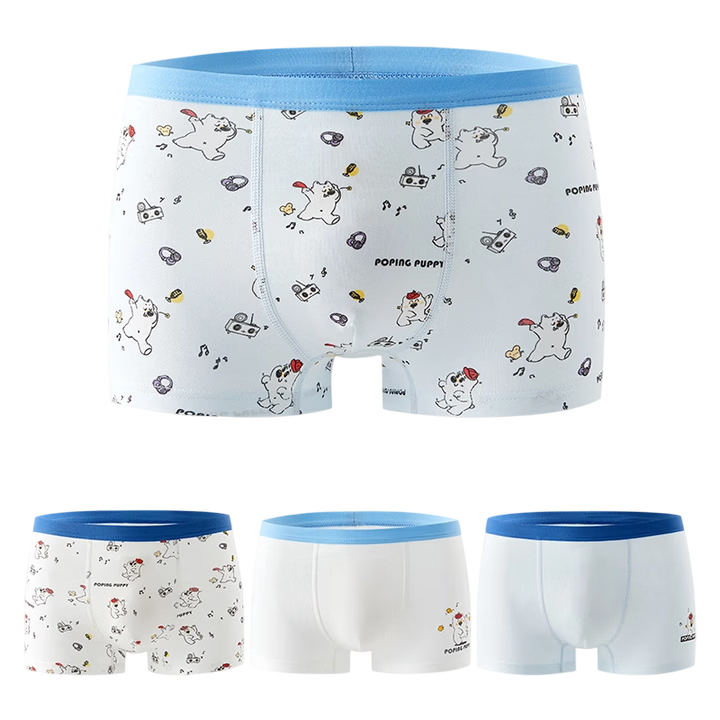 GB Boys' Antibacterial Cotton Underwear 7A, 4-Pack Boxer Shorts, Cute Dog Pattern, Blue, Size 130