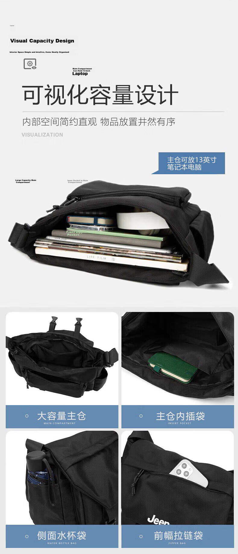 JEEP Lightweight Crossbody Bag Unisex Commuter Casual Shoulder Bag for Phone iPad Outdoor Sports Cycling Small Large Capacity Bag 6