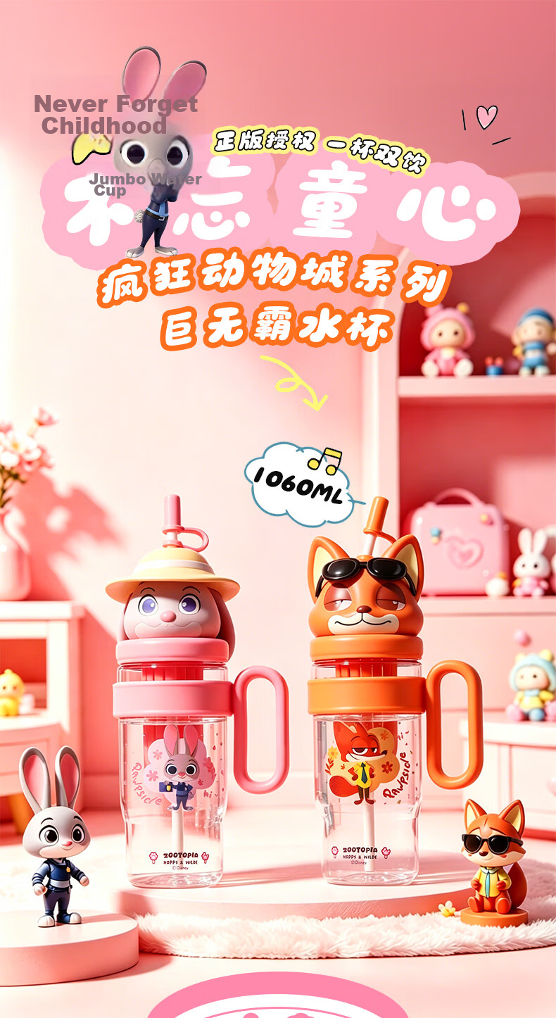 Disney High-Quality Straw Water Bottle for Women, Summer Durable Plastic Large Capacity Portable Cartoon Kids Drinking Cup 1