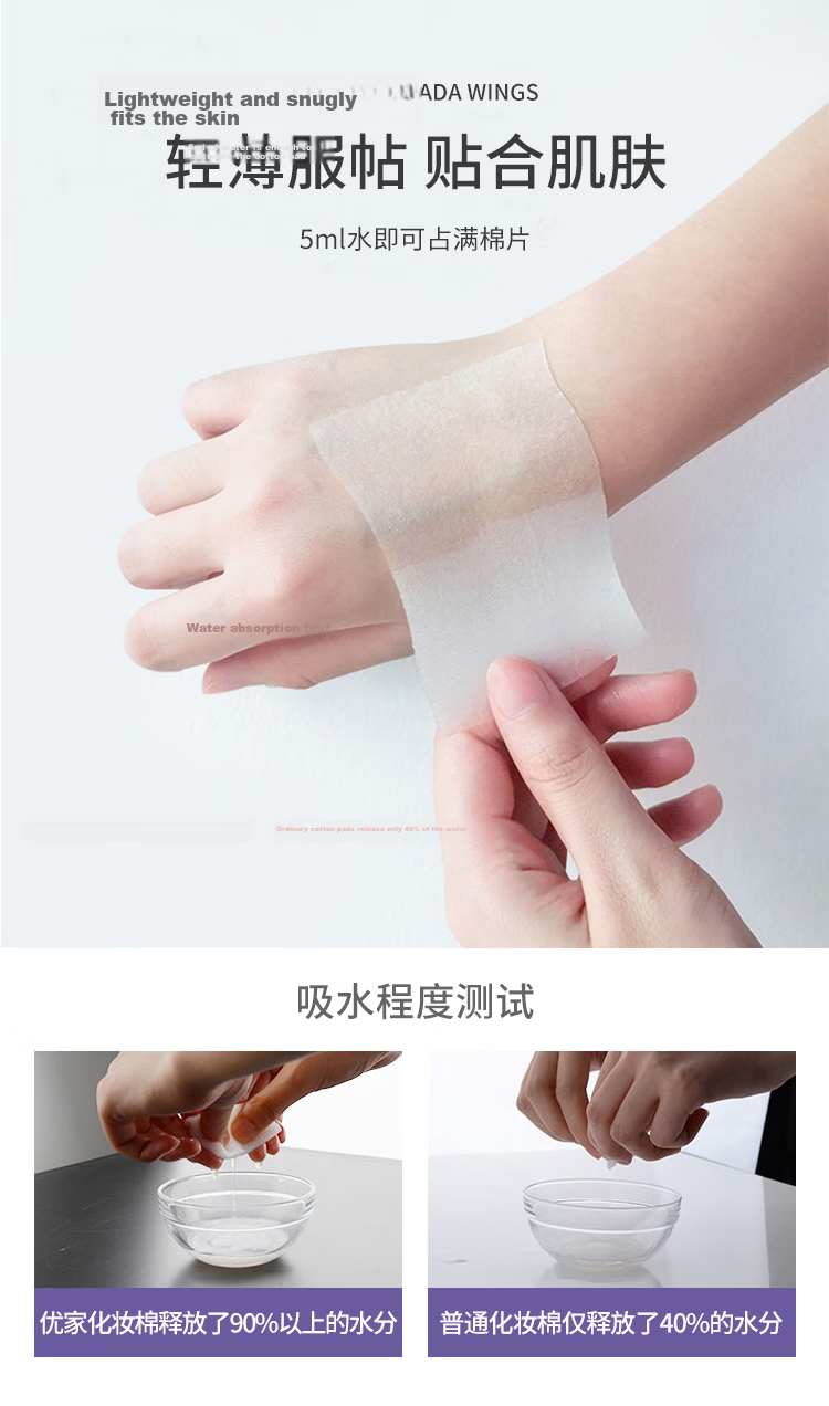 UPLUS Double-Layer Water-Saving Multi-Purpose 1/2 Water-Saving Cotton Pads 100pcs Japanese Imported Makeup Remover Wet Wipes 8