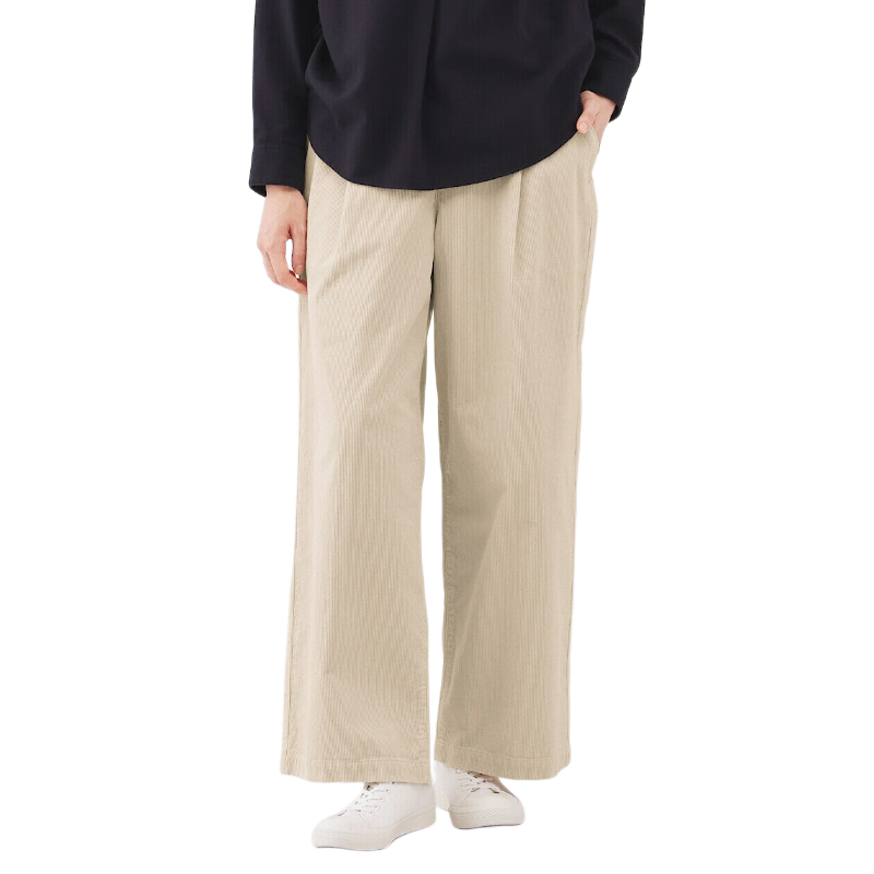 MUJI Women's Cotton Blend Corduroy Pleated Wide-Leg Pants Ivory L