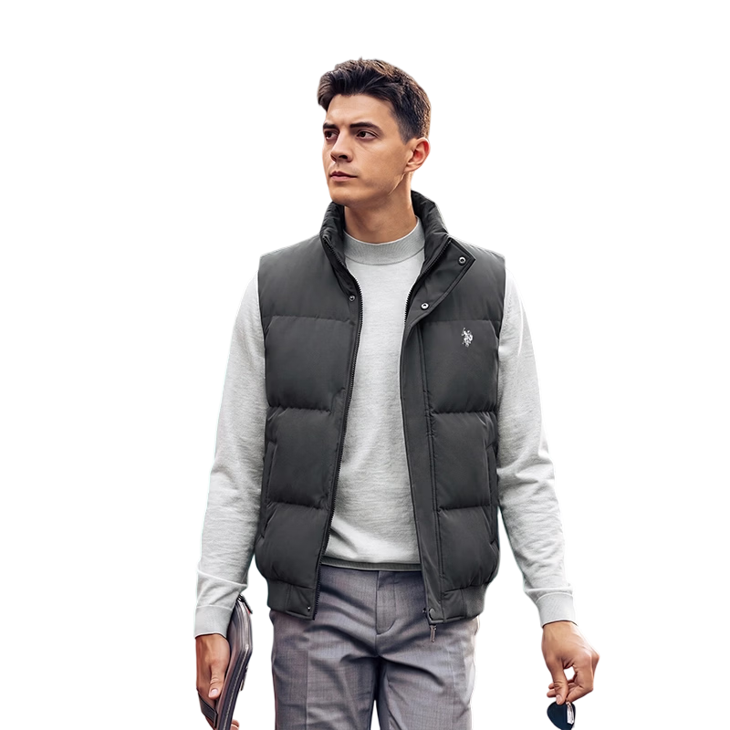 U.S. POLO ASSN. Men's Down Cotton Vest Autumn Winter Outdoor Windproof Versatile Sleeveless Warm Jacket Gray L