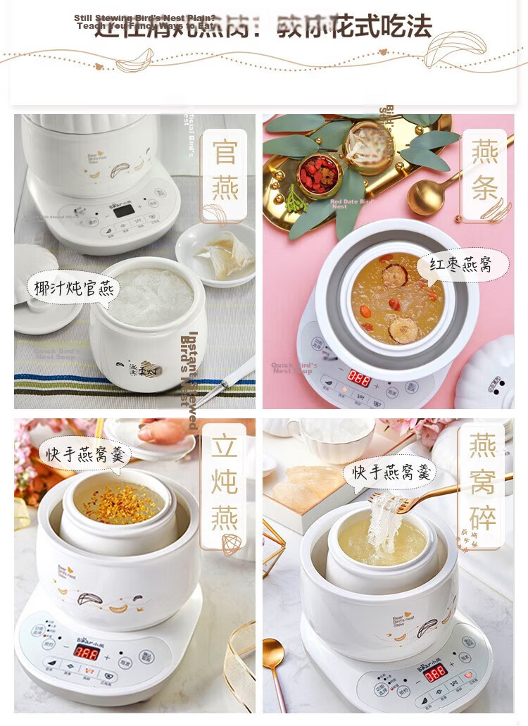 Bear Bird's Nest Stew Pot, Electric Slow Cooker, Ceramic Mini Soup Pot with Double-Layer Lid And Water Lock, 0.6L Capacity, Model DDZ-B06R1 8