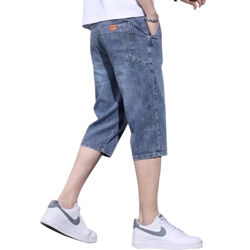 ROMON Men's Denim Shorts Summer Thin 7/8 Length Loose Straight-Leg Casual Pants