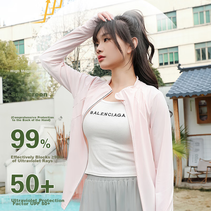 LangSha Ice Silk Sun Protection Clothing for Women, Summer 2024 Outdoor Sports Sun Protection Breathable Cool-Feeling Slim-Fit Cardigan Stand Collar Top Outerwear