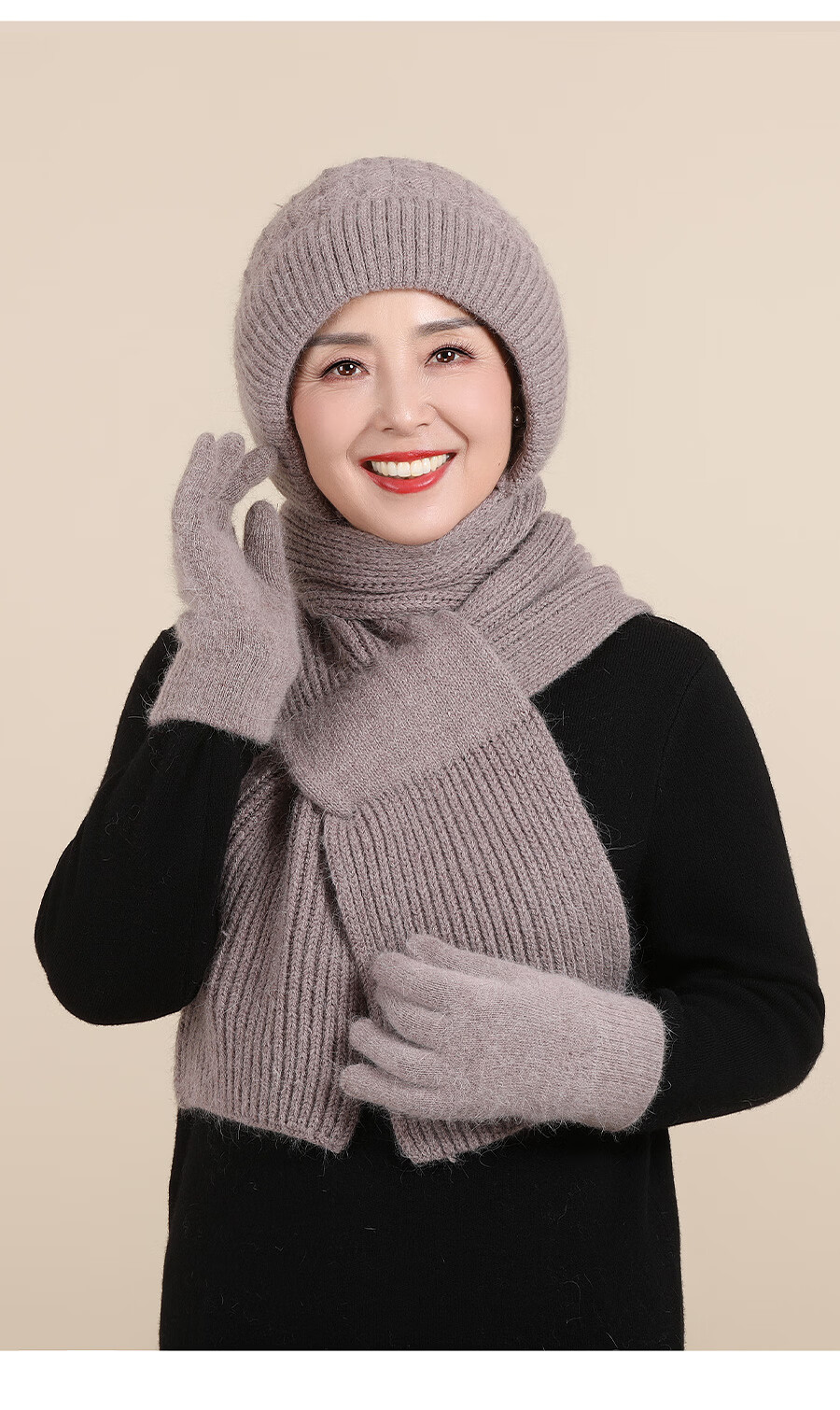 Hengyuanxiang Middle-Aged And Elderly Hat Scarf Integrated Knitted Cap, Winter Warm Rabbit Fur Fleece-Lined Gift for Elders 13