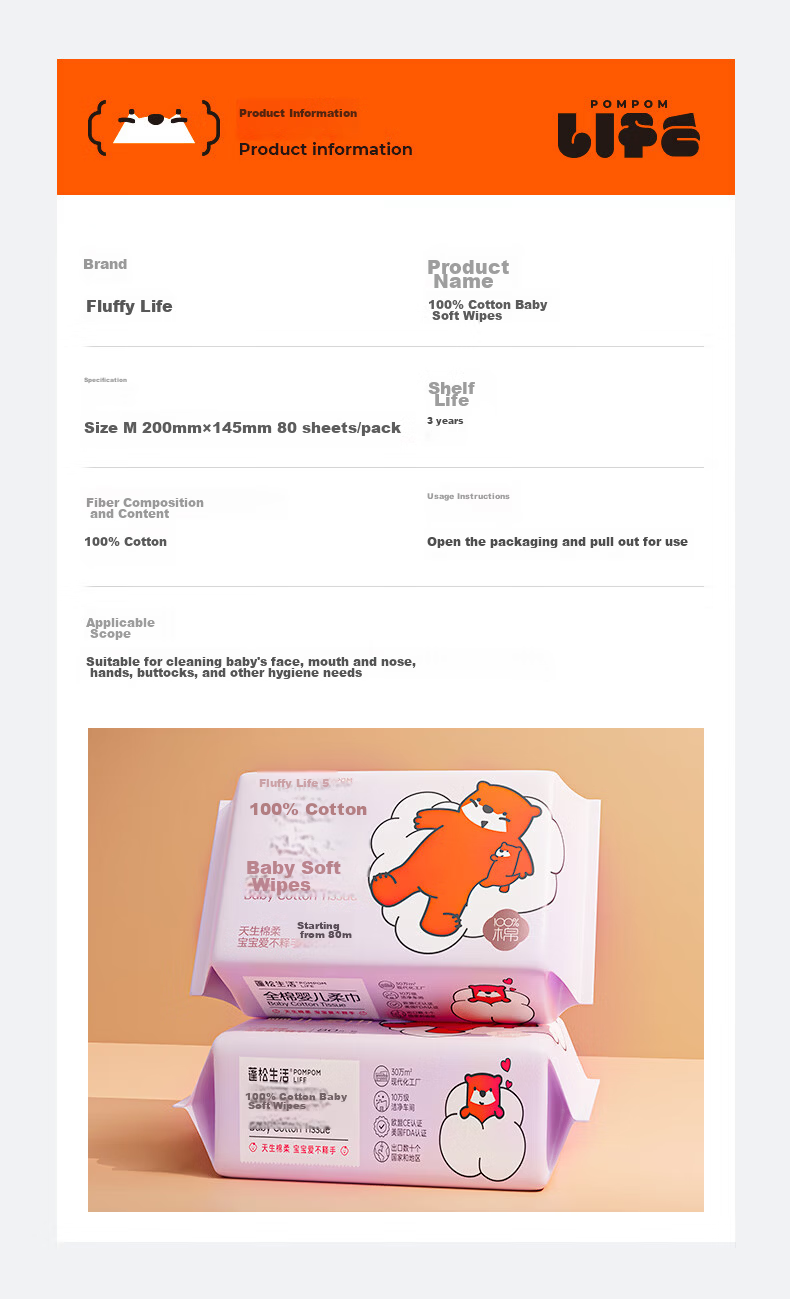 Fluffy Life 100% Cotton Soft Wipes 80 Sheets x 6 Packs Baby Disposable Face Towels Dual-use Dry and Wet Pure Cotton 16