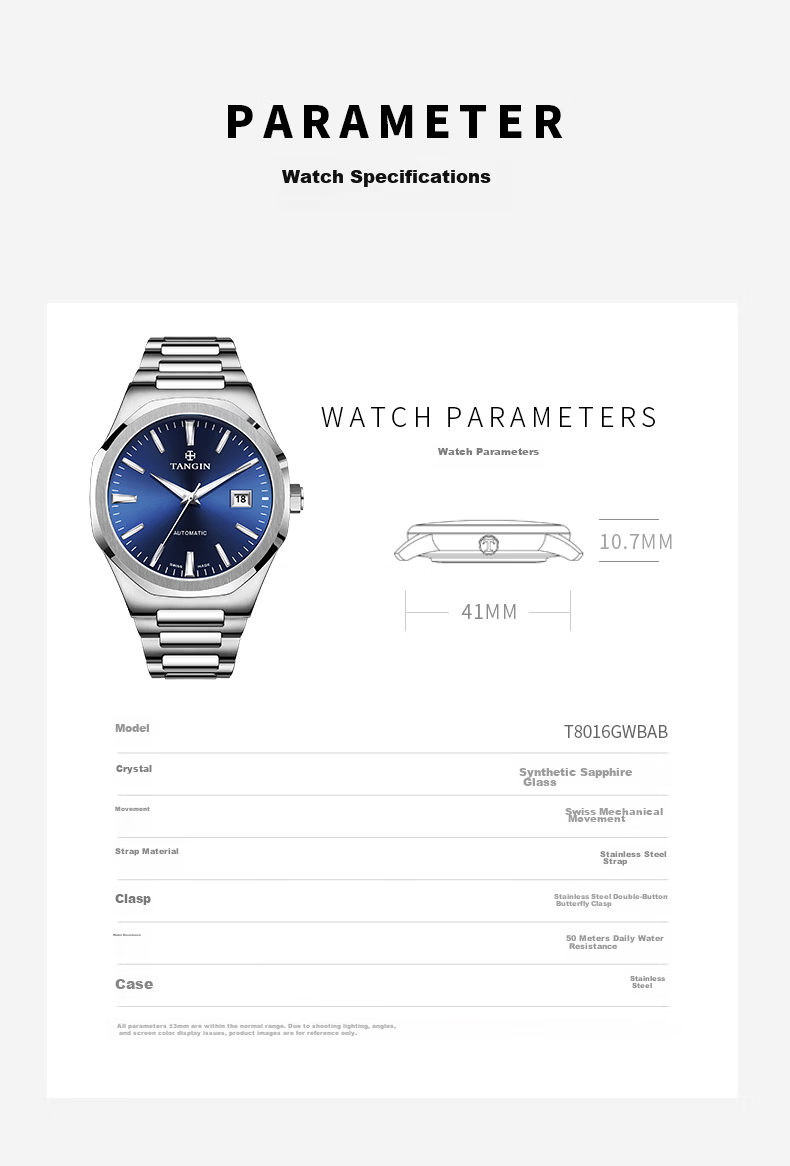 TANGIN Swiss Imported Men's Mechanical Watch Waterproof Luxury Men's Watch Birthday Gift for Men 8