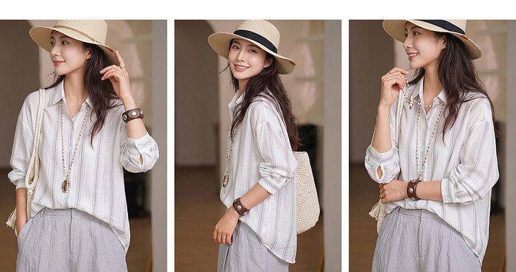 Dme [Lightweight Lyocell] Autumn Simple Style Striped Texture Lapel Long-Sleeve Loose Outer Wear Relaxed Women's Blouse 6