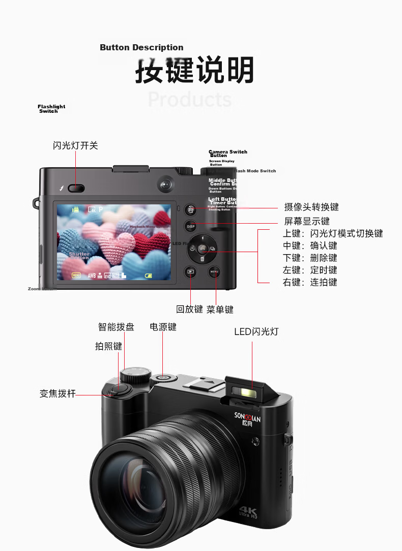 SONGDIAN Digital Camera Front and Rear Dual Cameras 4K HD Mirrorless Vlog Portable Student Entry-Level Camera DC218 White 64GB Memory 13