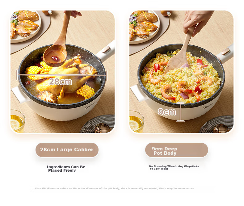 Midea Electric Frying Pan Electric Hot Pot Electric Steamer Electric Cooker 4L Multi-Purpose Non-Stick Electric Heating Pot HGE2811B with Steaming Basket and Wooden Spatula 9