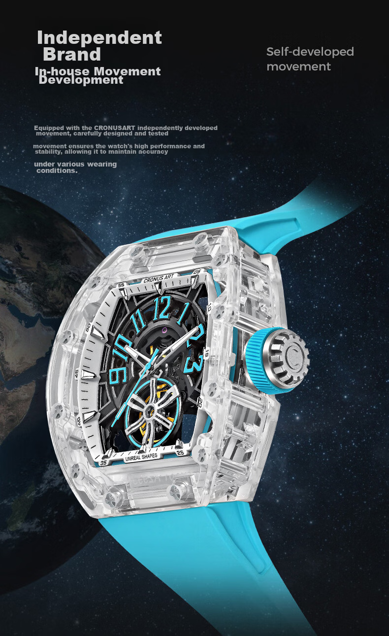 CRONUSART Kluos Crystal Mechanical Men's Watch Skeleton Automatic Luminous Wristwatch Gift 10