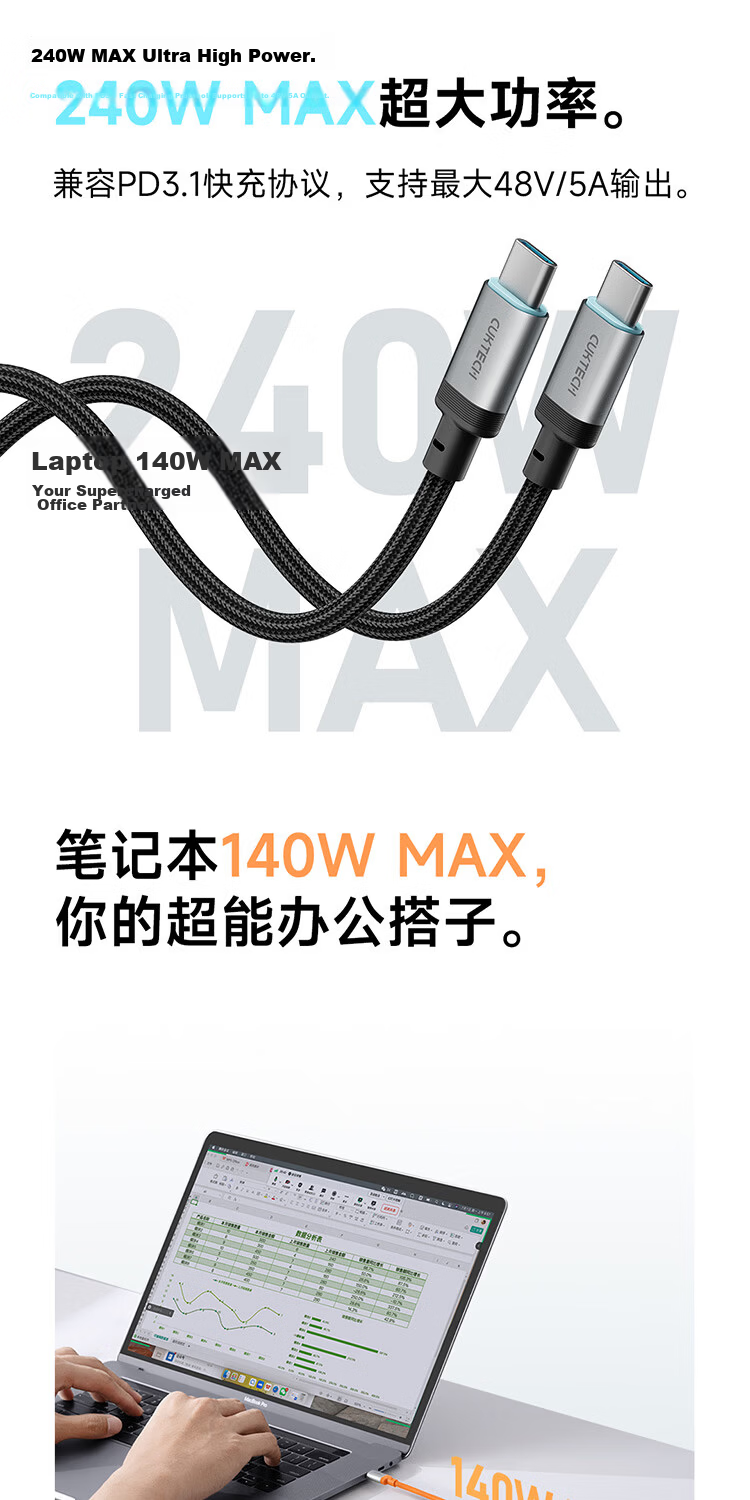 CUKTECH Type-C Charging Cable 240W High Power CTOC Braided 6A Fast Charge for Apple 17/iPad/Xiaomi Huawei Phones Laptops 1m Purple 3
