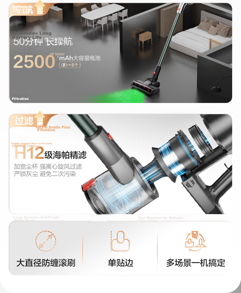 SUPOR Vacuum Cleaner, Powerful Suction for Home Use, Cordless Handheld Lightweight Design with Green Light Dust Indicator, High-Power Vacuum Machine for Carpets And Pet Hair Removal, Cat Lint Roller C70-L Holiday Gift 3