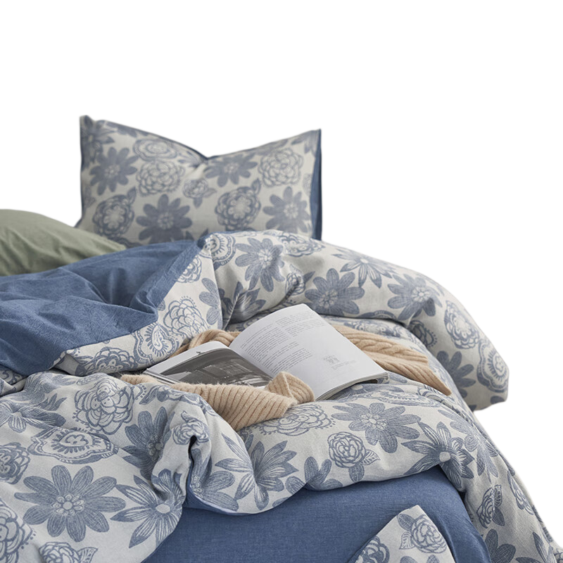 La Torretta Double-Layer Gauze Four-Piece Set, Pure Cotton High-End Color-Woven Jacquard Bedding Set with Duvet Cover And Bedsheet, Navy Blue, 1.8/1.5m Bed