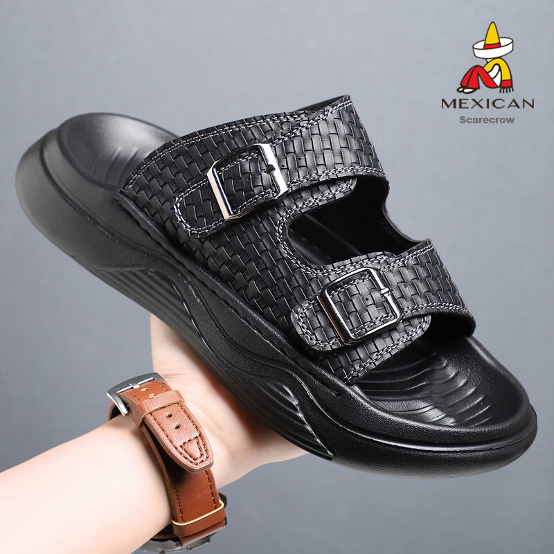 MEXICAN Spring Summer New Men's Leather Sandals Breathable Thick Soft Sole Slide Beach Shoes Black Size 39