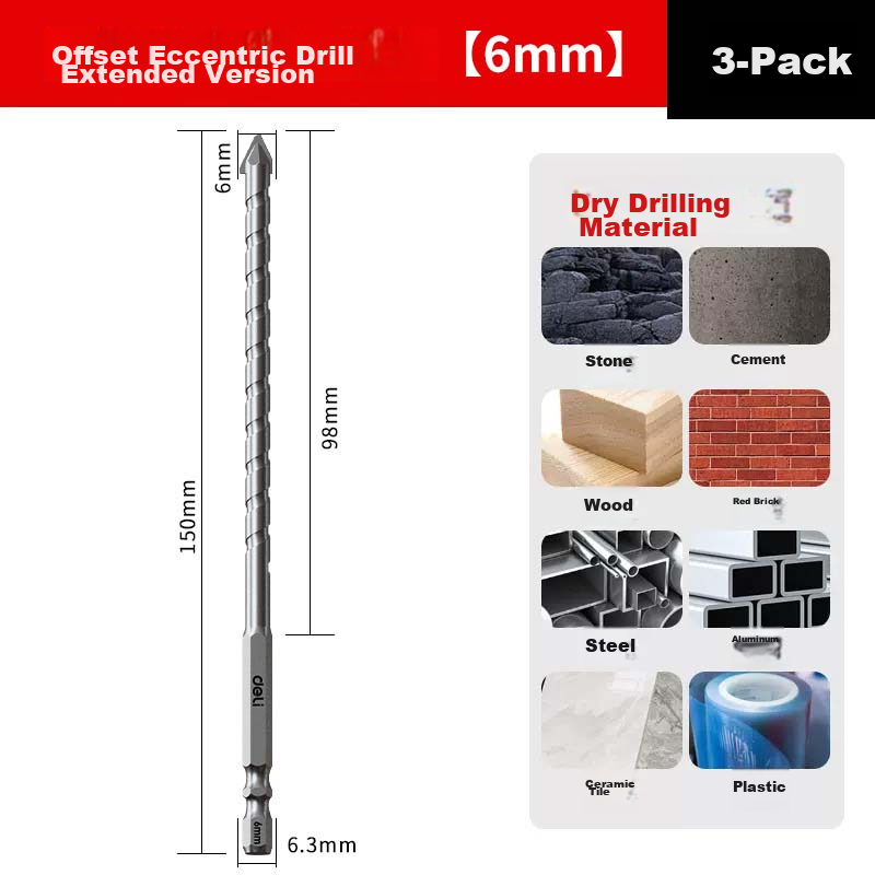Deli Extended Alloy Eccentric Drill Bit Set 6mm 3-Pack for Dry Drilling Tiles Glass Marble Concrete