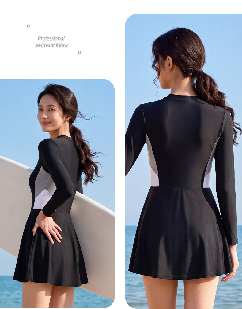 ANTA Women's Long Sleeve One-Piece Skirted Conservative Quick-Dry Sun Protection Slimming Swimwear Gray M 13