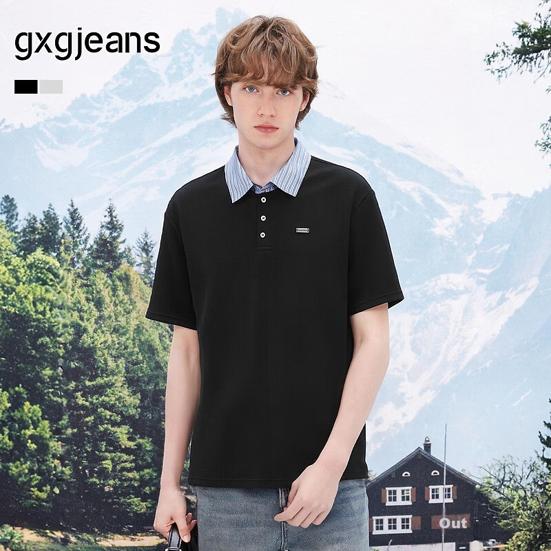 Gxgjeans Men's Striped Spliced Collar Multicolor Polo Shirt Short Sleeve 26 Summer New Black 175/L