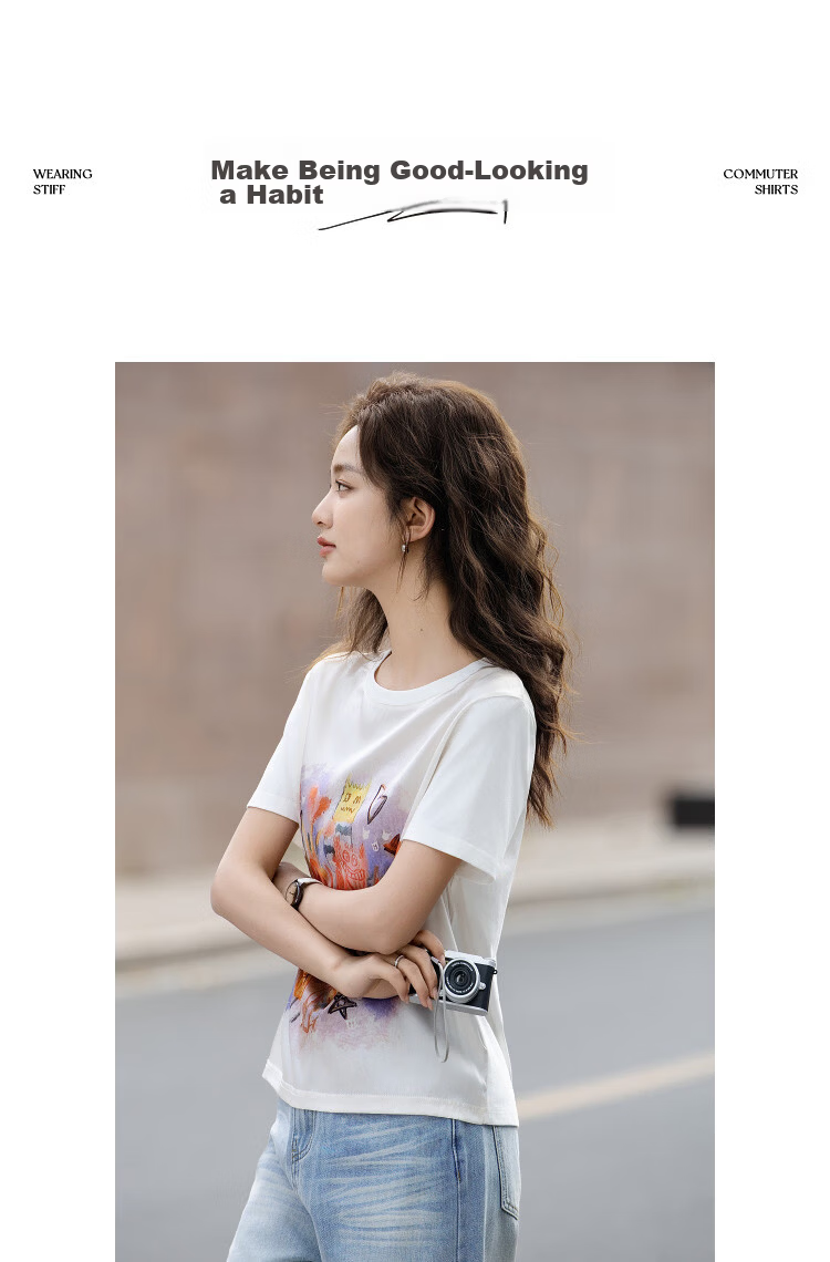 Demana [Cooling Black Technology] Summer Sorona Spliced Mulberry Silk Round Neck Printed Slimming Concealing T-Shirt for Women Premium 6