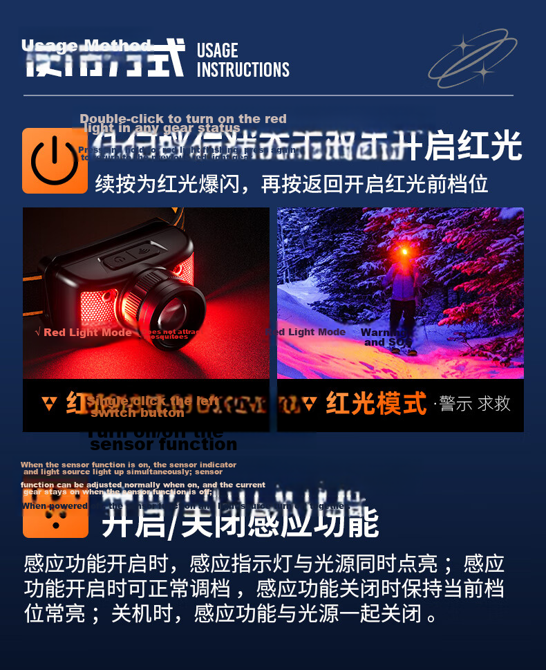 SupFire Headlamp High Brightness Zoom Sensor Long Battery Life Rechargeable Waterproof Work Fishing Light 8