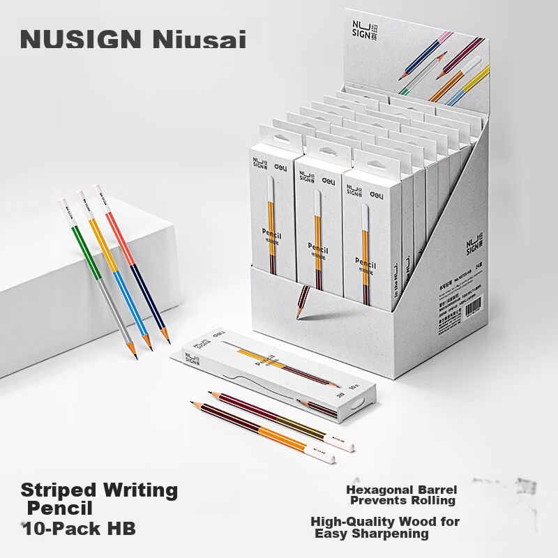 NUSIGN Back-to-School Essential Black Wood Green Hexagonal High-Quality Graphite Retractable Pencil Color Box NS1721-HB Premium Brand Under Deli