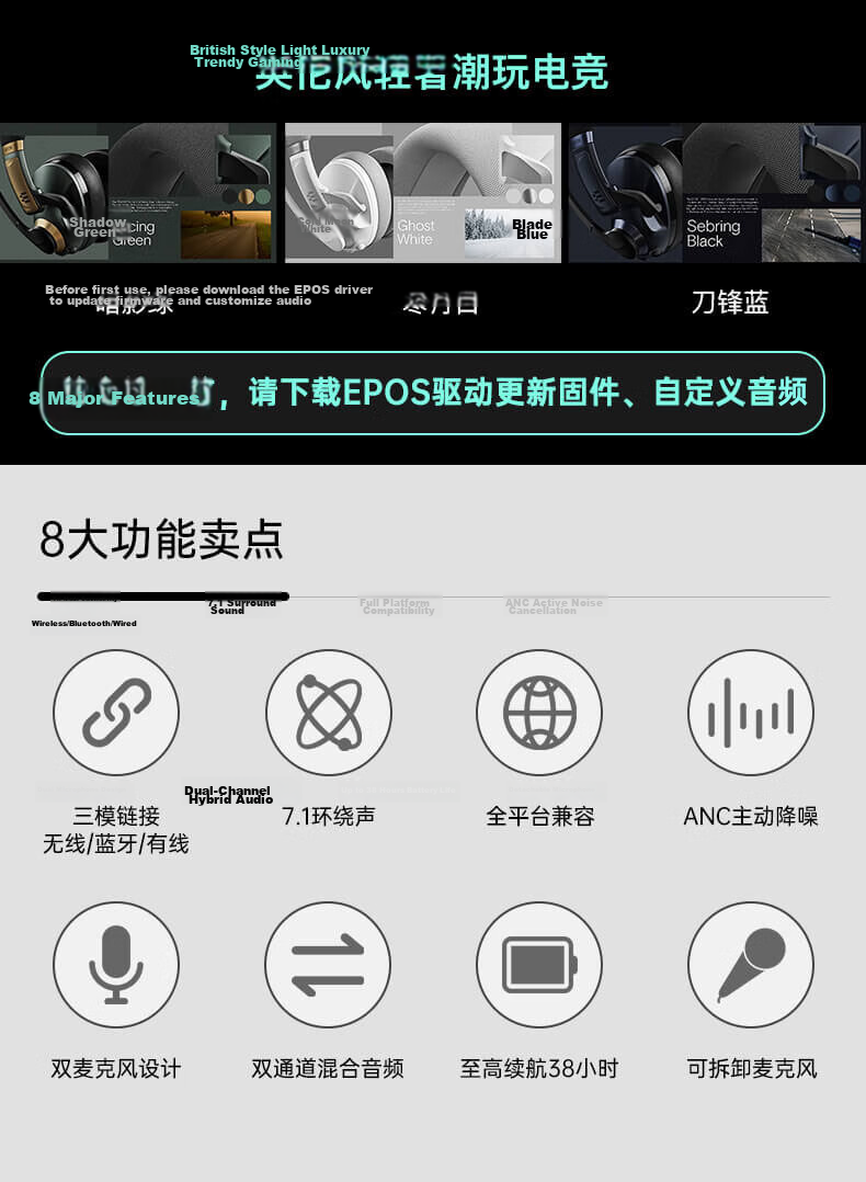 EPOS Sennheiser GSP370 Wireless Gaming Headset Over-Ear CS:GO PUBG Headphones 100H Battery Life 2.4G Low Latency 2