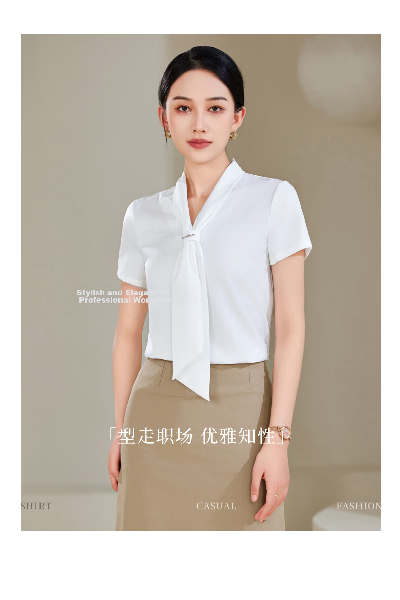 Chaoxu Women's White Short Sleeve Bow Tie Shirt Professional Commuter Formal Elegant Versatile Blouse for Work and Interview 16