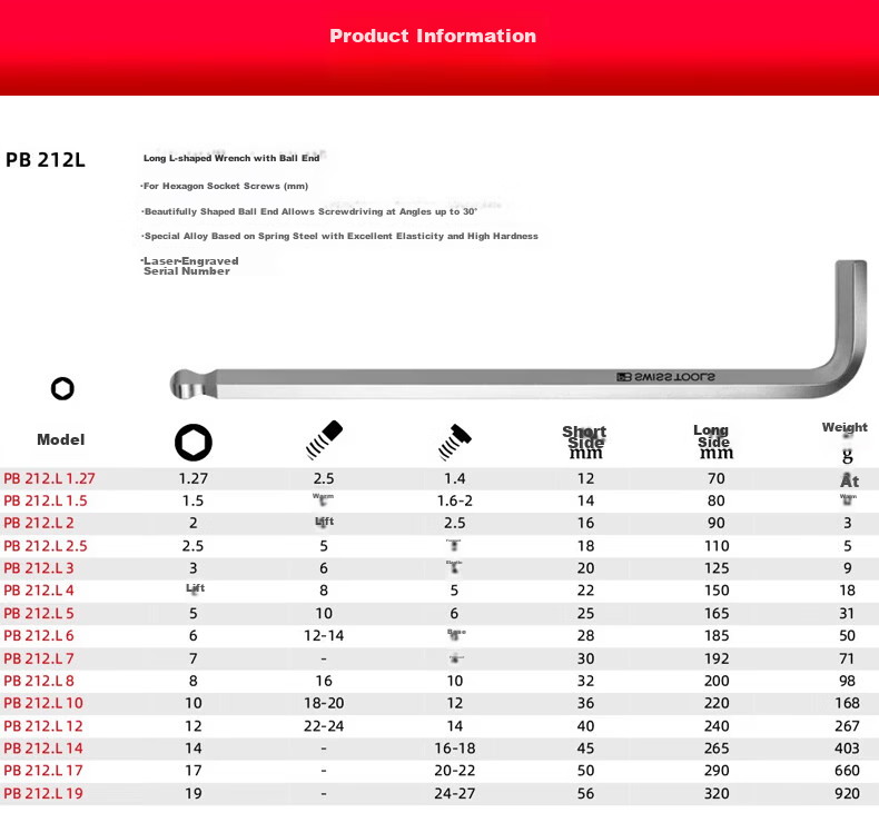 PB SWISSTOOLS Swiss Imported Colored Ball-End Extended Metric Hex Key Wrench 3.0 PB212.L 3 SY Single Piece 3